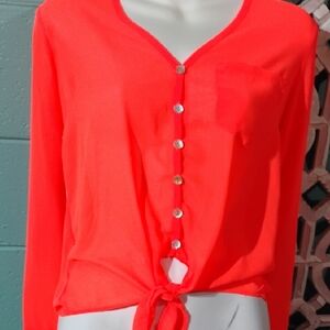 Bright Orange Button-Down Shirt with Tie And Mother Of Pearl Sea Shell Buttons